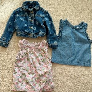 Bundle Set Includes Girls’ Blue Denim Jacket - Blue Denim & Floral Tops